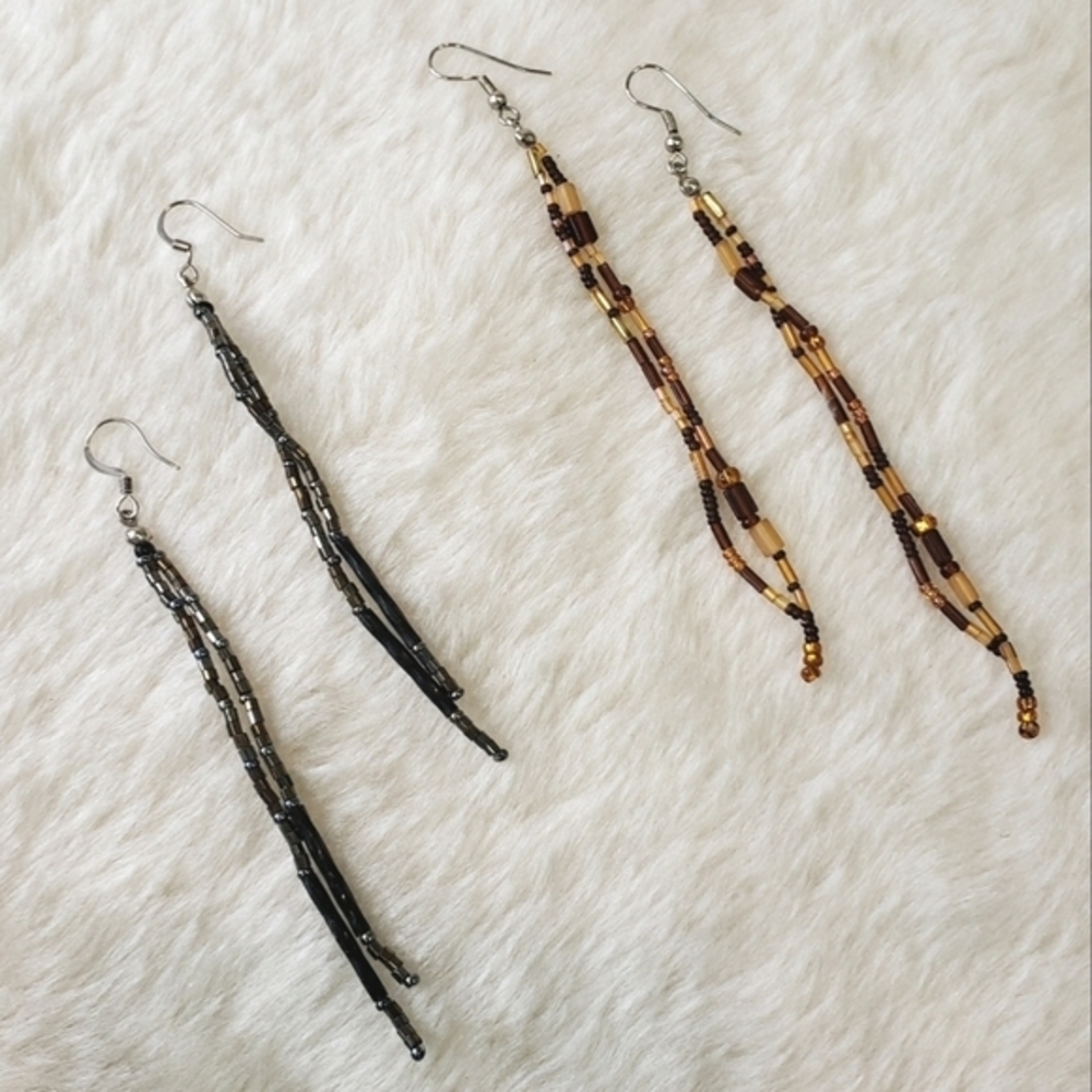 EARRING BUNDLE Two Pairs Long Bohemian Seed Beaded Duster Earrings